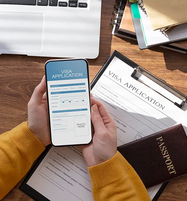 passport and visa application form in the tablet and table